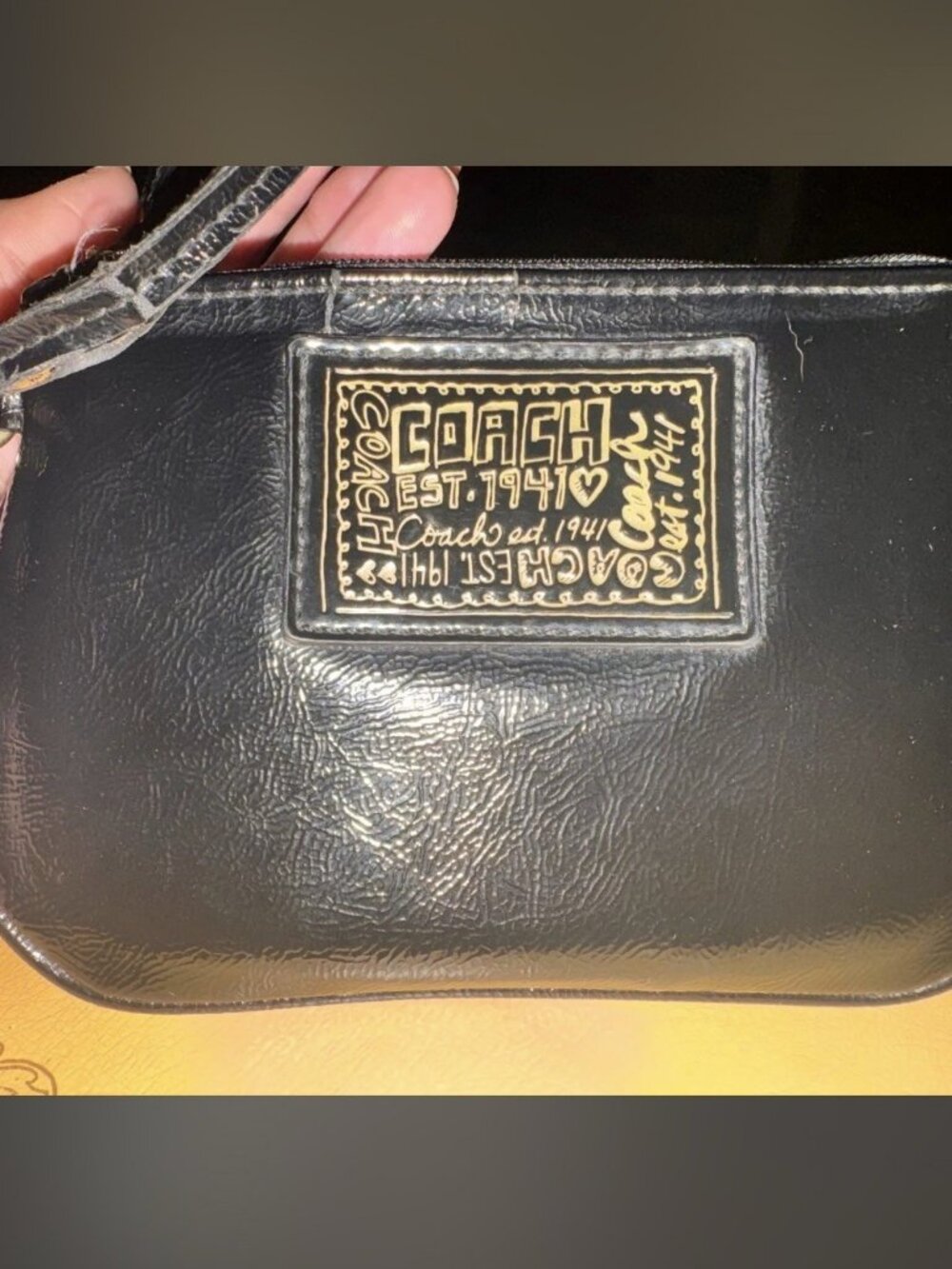 Y2K VINTAGE Coach Poppy Black Patent Leather Wristlet Gold Graffiti Logo Pouch